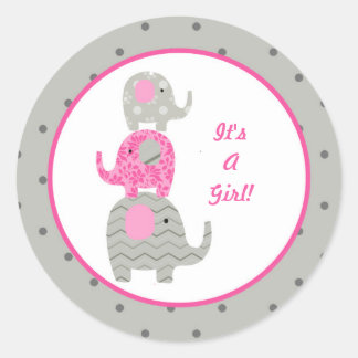 Roze Grijze Olifant Baby Gepersonaliseerde Envelop Ronde Sticker