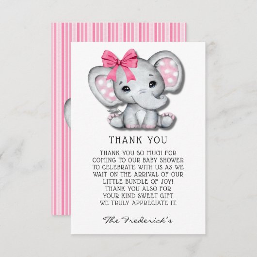 Roze Grijze Olifant Baby shower Dank u Kaarten (Voorkant / Achterkant)