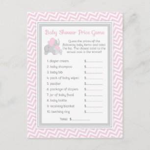 Roze & Grijze Olifant Baby shower Guess Prijs Spel Uitnodiging Briefkaart