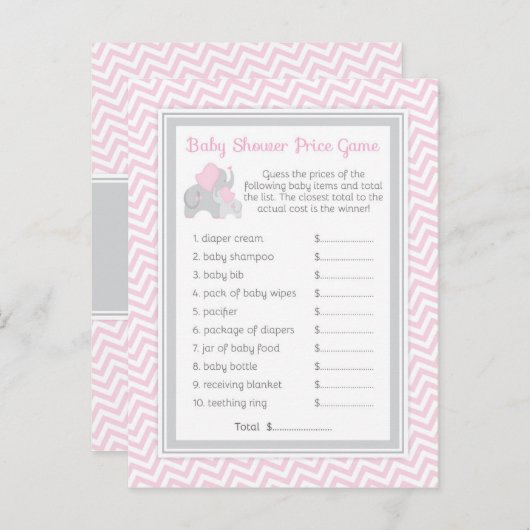 Roze & Grijze Olifant Baby shower Guess Prijs Spel Uitnodiging Briefkaart (Voorkant / Achterkant)
