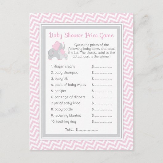 Roze & Grijze Olifant Baby shower Guess Prijs Spel Uitnodiging Briefkaart (Voorkant)