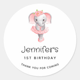 Roze & Grijze Olifant Ballerina Verjaardag Dank u Ronde Sticker