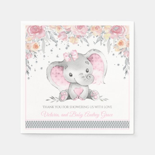 Roze Grijze Olifant Diamant Bloemen Baby shower Servet (Voorkant)