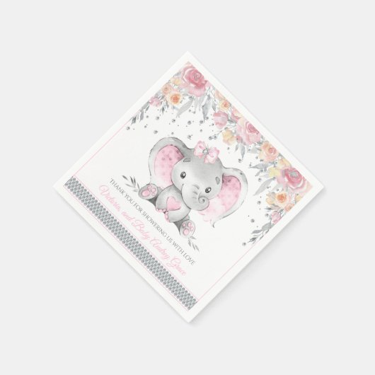 Roze Grijze Olifant Diamant Bloemen Baby shower Servet (Hoek)