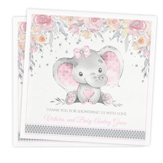 Roze Grijze Olifant Diamant Bloemen Baby shower Servet