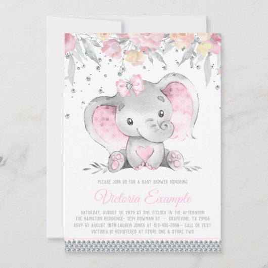 Roze Grijze Olifant Floral Diamond Meisje Baby sho Kaart (Voorkant)
