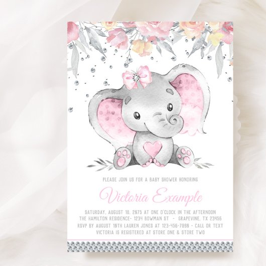 Roze Grijze Olifant Floral Diamond Meisje Baby sho Kaart