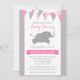 Roze Grijze Olifant Stippen Vlaggenlijn Baby Showe Kaart