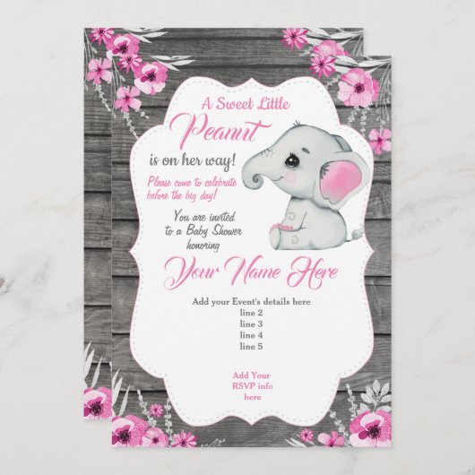 Roze Grijze Olifant Uitnodiging Oplaadbare Roze (Voorkant / Achterkant)