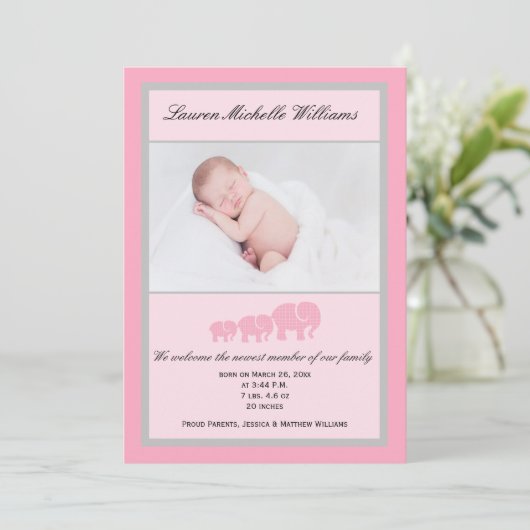 Roze grijze olifanten Baby Girl Foto geboorte Aankondiging (Staand voorkant)