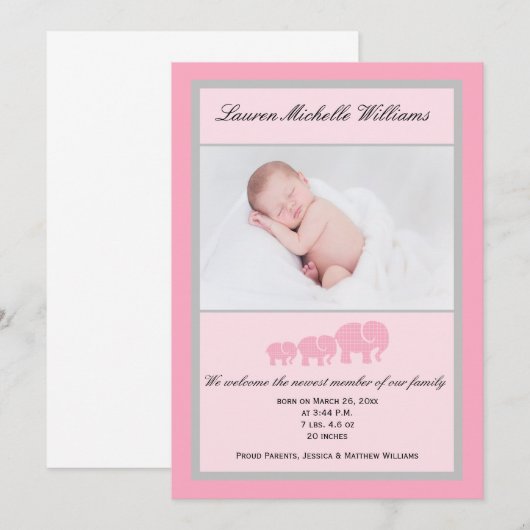 Roze grijze olifanten Baby Girl Foto geboorte Aankondiging (Voorkant / Achterkant)