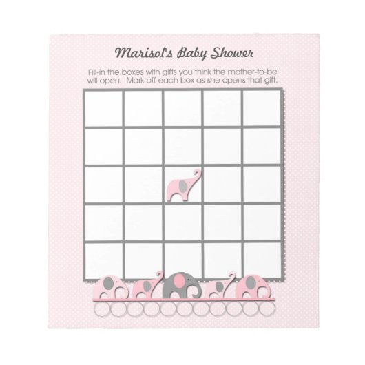 Roze grijze olifanten Baby shower Bingo Game pad Notitieblok (Voorkant)