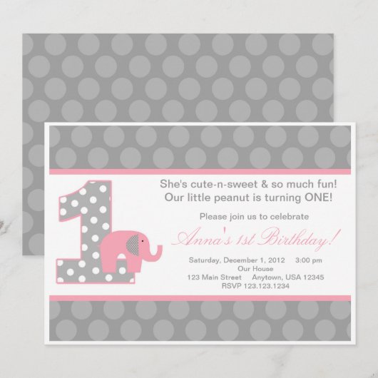 Roze grijze olifantenuitnodiging kaart (Voorkant / Achterkant)