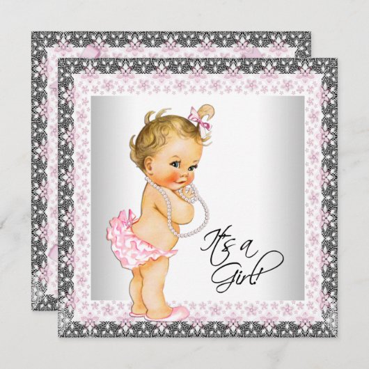 Roze Grijze Parel  Baby Meisje Douche Kaart (Voorkant / Achterkant)