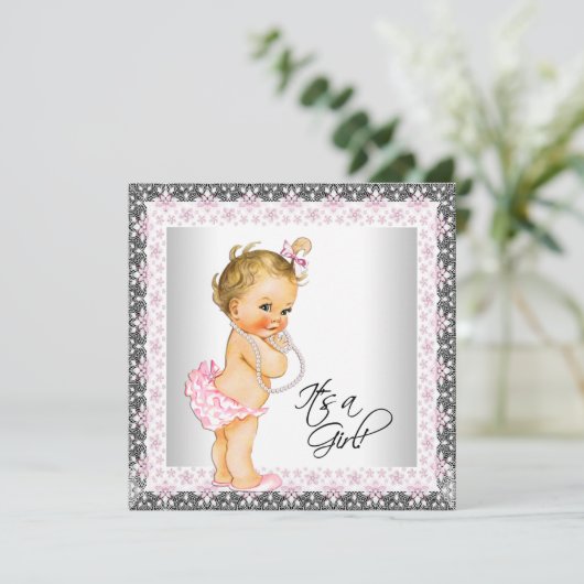 Roze Grijze Parel  Baby Meisje Douche Kaart (Staand voorkant)