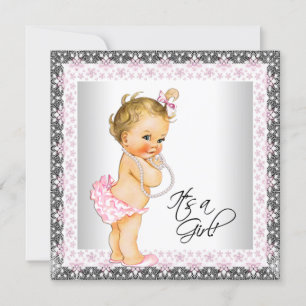 Roze Grijze Parel  Baby Meisje Douche Kaart