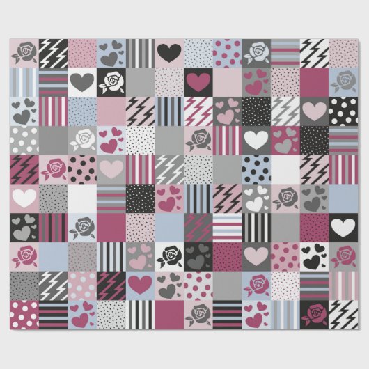 Roze & grijze patchwork harten cadeaupapier (Vlak)