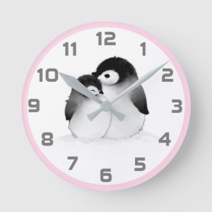 Roze grijze Penguins wandklok