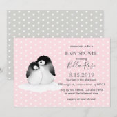 Roze grijze pinguïns Harten Baby shower Kaart (Voorkant / Achterkant)