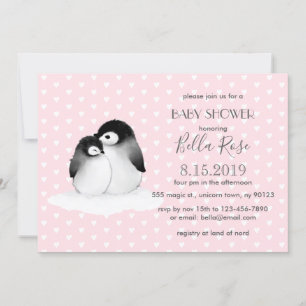Roze grijze pinguïns Harten Baby shower Kaart