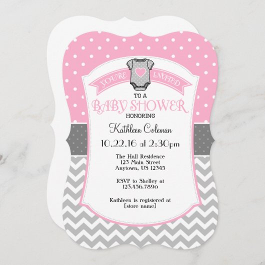Roze Grijze Polka Dot Chevron Baby shower Uitnodig Kaart (Voorkant / Achterkant)