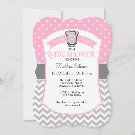 Roze Grijze Polka Dot Chevron Baby shower Uitnodig Kaart (Voorkant)