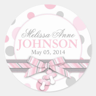 Roze & Grijze Polka Dots Aankondiging Ronde Sticker
