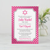 Roze, Grijze Polka Dots Bat Mitzvah Uitnodiging (Staand voorkant)
