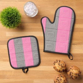 Roze & Grijze Potholders & Oven Mitts Squares Desi Ovenwant & Pannenlap Set