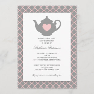 Roze + grijze Quatrefoil Baby shower Tea Party Kaart