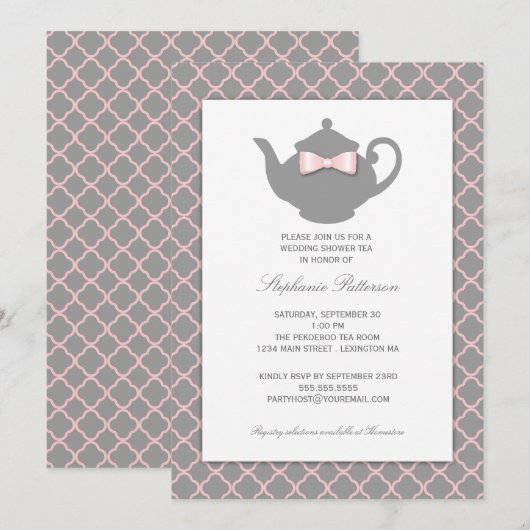 Roze + grijze Quatrefoil Weddenschap Tea uitnodigi Kaart (Voorkant / Achterkant)