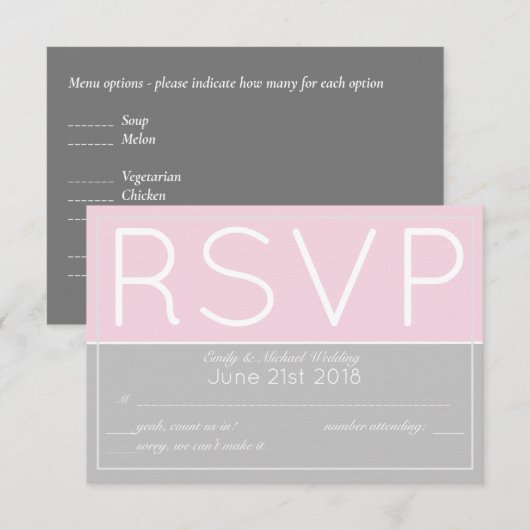 Roze grijze RSVP Modern met menuselecties (Voorkant / Achterkant)