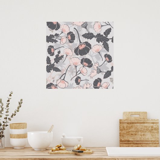 Roze grijze schaduw Floral Pattern Poster (Keuken)