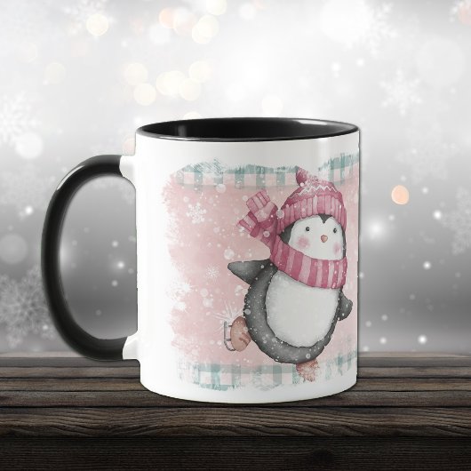 Roze grijze Snowflake Penguin Holiday Mok
