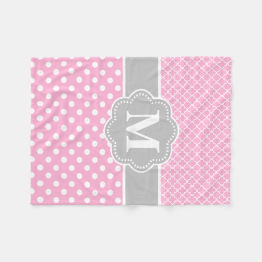 Roze grijze Stippen Quatrefoil Monogram Fleece Deken (Voorkant (Horizontaal))