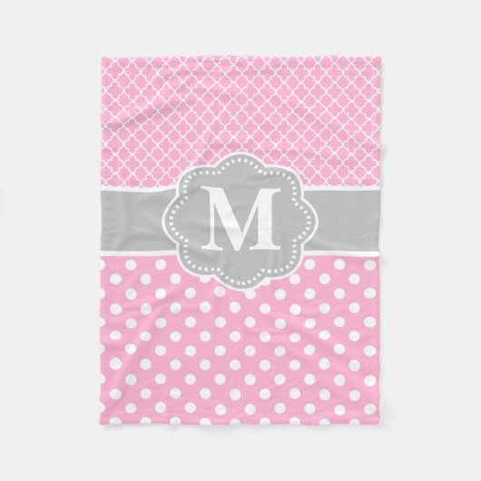Roze grijze Stippen Quatrefoil Monogram Fleece Deken (Voorkant)