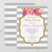 roze grijze strepen baby shower uitnodiging (Voorkant / Achterkant)