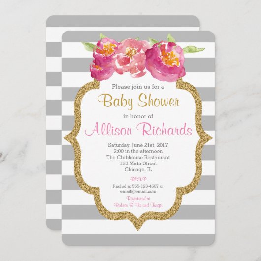 roze grijze strepen baby shower uitnodiging (Voorkant / Achterkant)