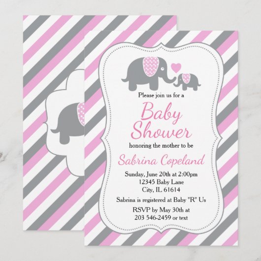 Roze & Grijze Strepen Olifant | BABY SHOWER Kaart (Voorkant / Achterkant)