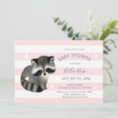 Roze grijze strips Raccoon Heart Baby shower uitno Kaart (Staand voorkant)