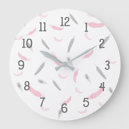 Roze grijze veren klok, kinderkamer grote klok (Voorkant)