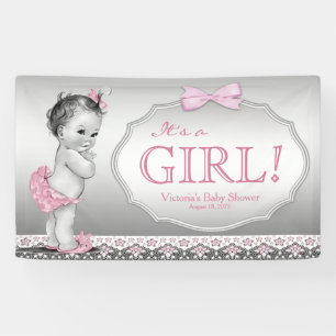 Roze grijze vintage babymeisje baby shower spandoek