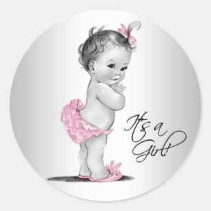 Roze Grijze Vintage Meisje Baby Shower Ronde Sticker