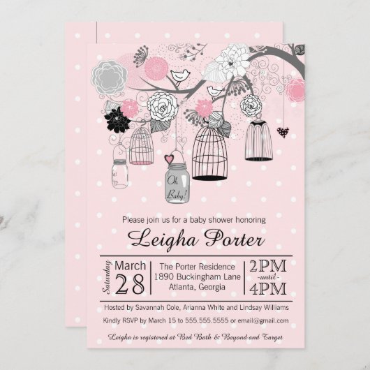 Roze grijze vogelkooien en Baby shower van jonge m Kaart (Voorkant / Achterkant)