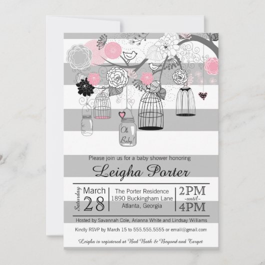 Roze grijze vogelkooien en Baby shower van jonge m Kaart (Voorkant)