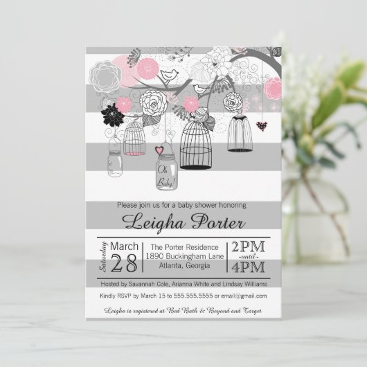 Roze grijze vogelkooien en Baby shower van jonge m Kaart (Staand voorkant)