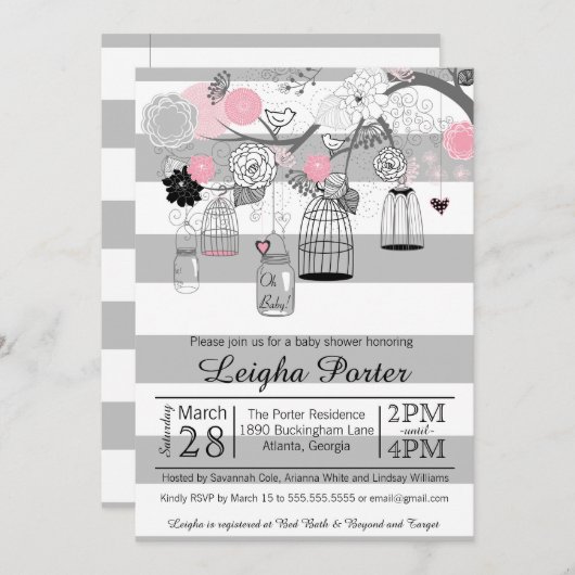 Roze grijze vogelkooien en Baby shower van jonge m Kaart (Voorkant / Achterkant)
