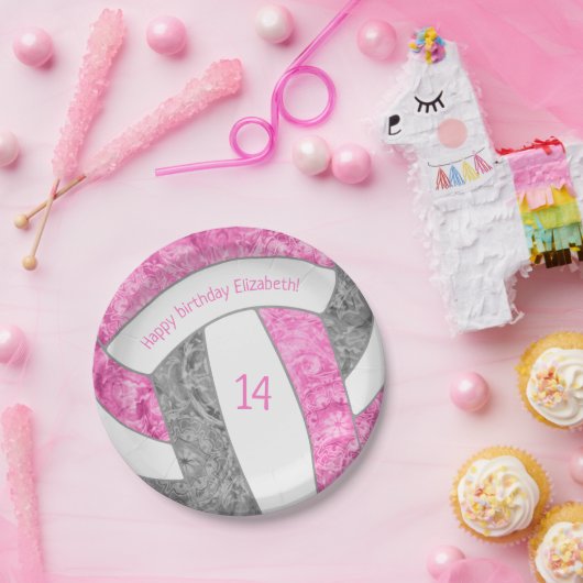 roze grijze volleybalfeest papieren bordje (Feest)