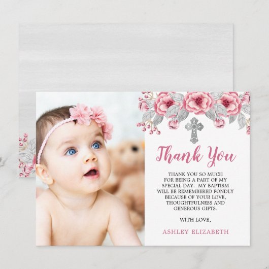 Roze | Grijze Waterverf Floral Foto Baptisme Bedankkaart (Voorkant / Achterkant)