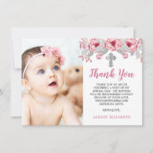 Roze | Grijze Waterverf Floral Foto Baptisme Bedankkaart (Voorkant)